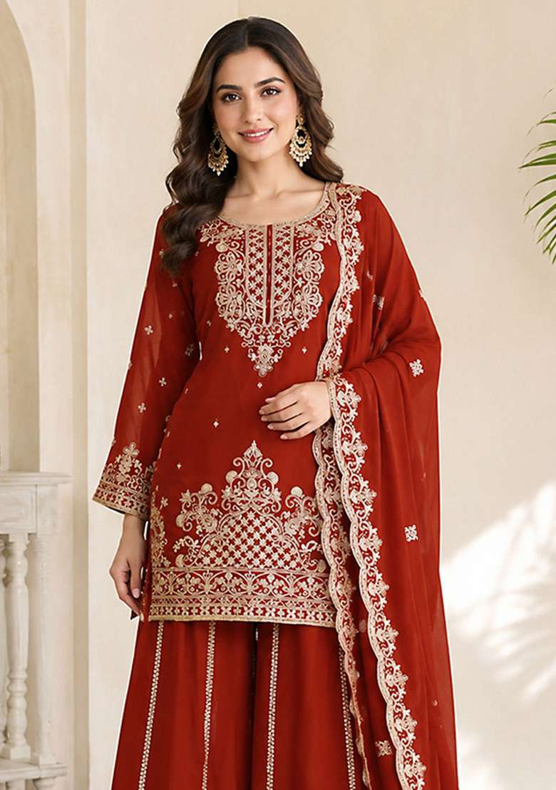 Orange Embroidery Viscose Kurta Set - Indya