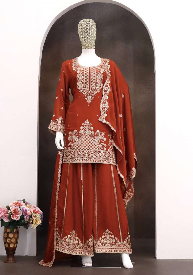 Orange Embroidery Viscose Kurta Set - Indya