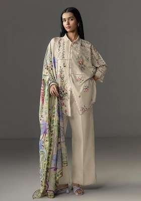 Dark Cream Embroidery Cotton Kurta Set