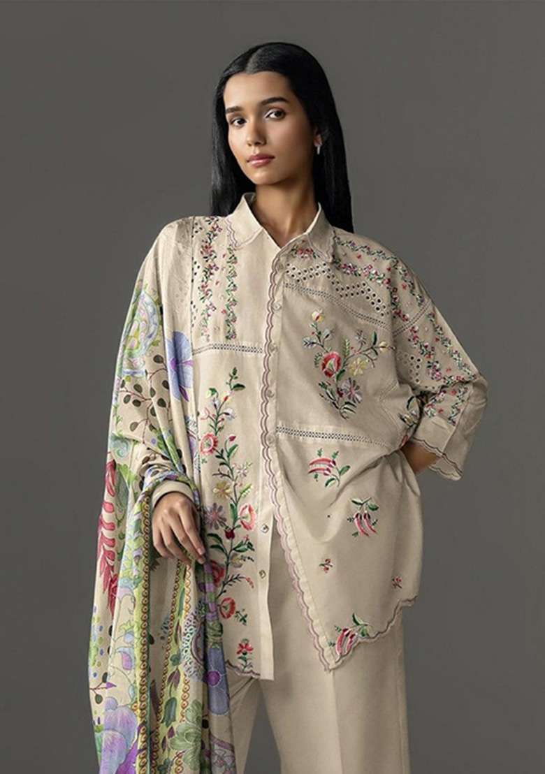 Dark Cream Embroidery Cotton Kurta Set - Indya