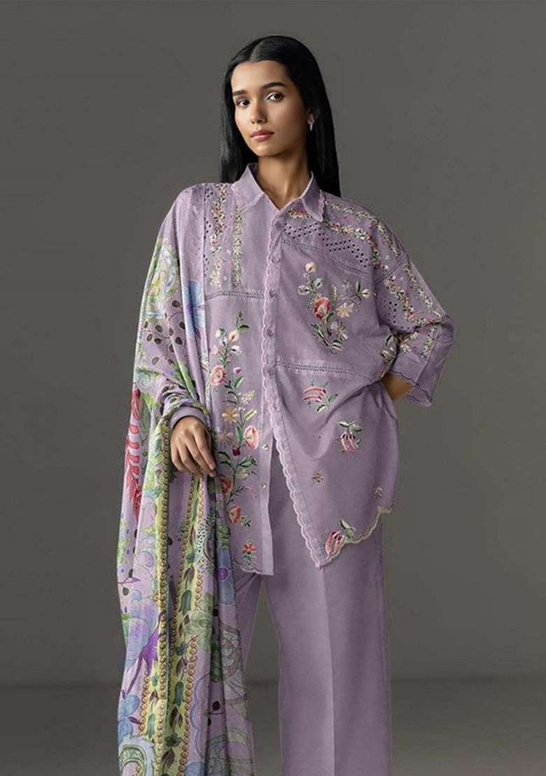 Lavender Embroidery Cotton Kurta Set - Indya