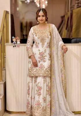 Off White Embroidery Georgette Palazzo Set