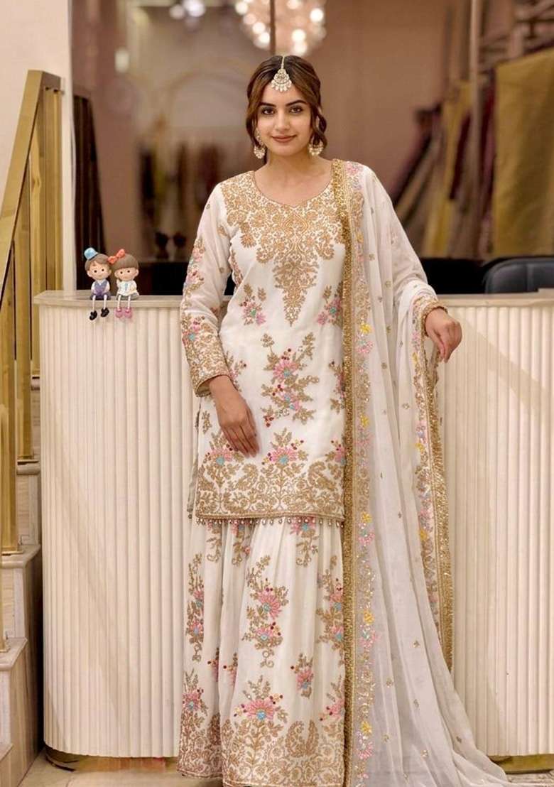 Off White Embroidery Georgette Palazzo Set - Indya