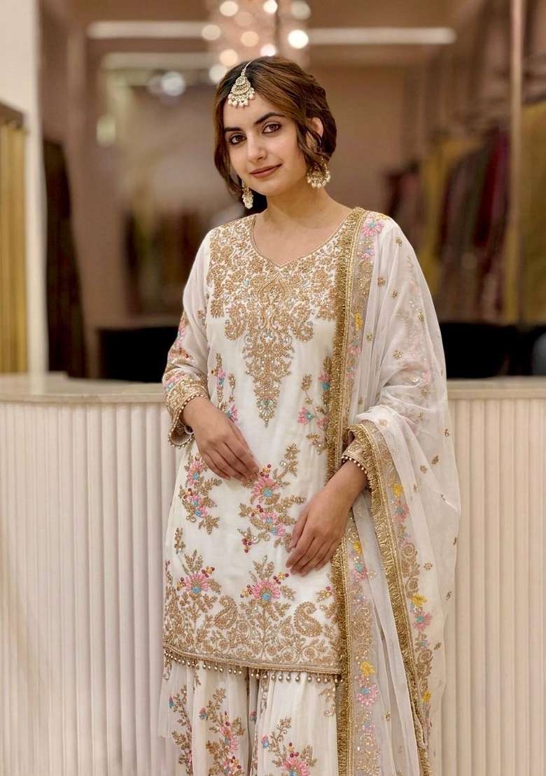 Off White Embroidery Georgette Palazzo Set - Indya