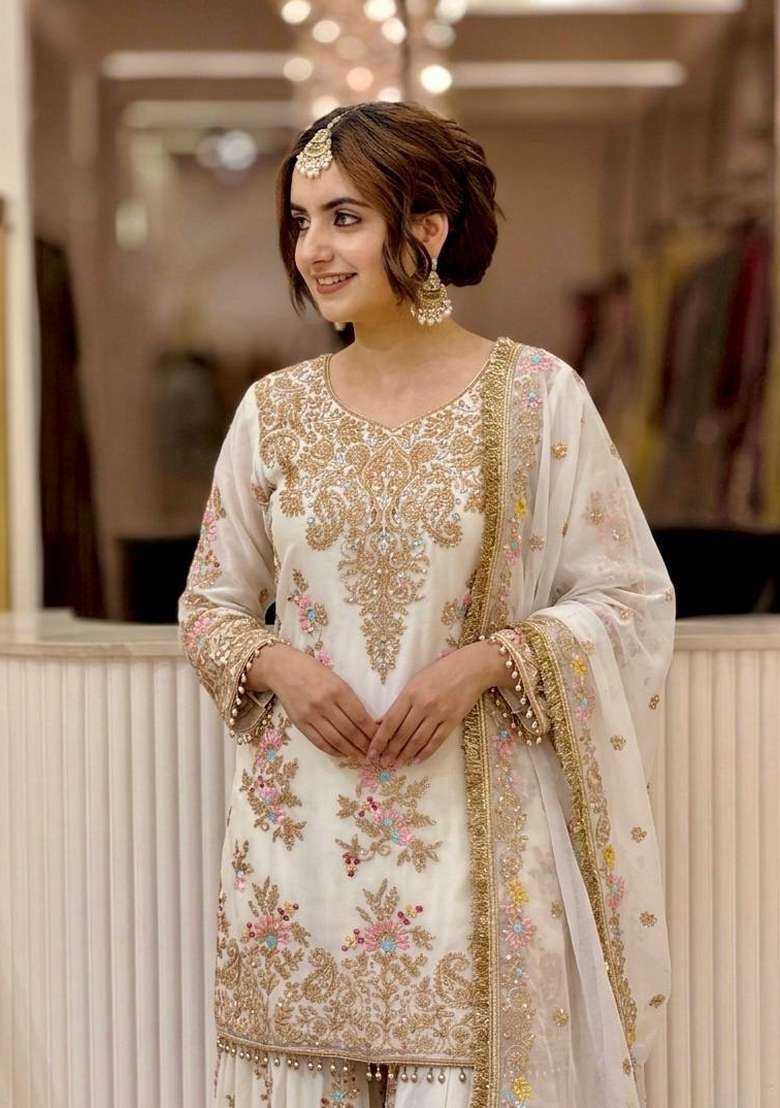 Off White Embroidery Georgette Palazzo Set - Indya
