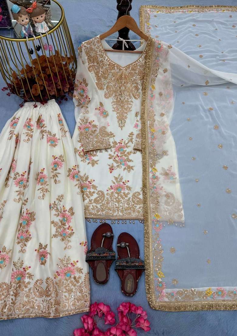 Off White Embroidery Georgette Palazzo Set - Indya
