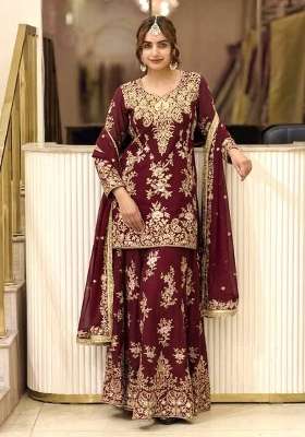 Maroon Embroidery Georgette Palazzo Set