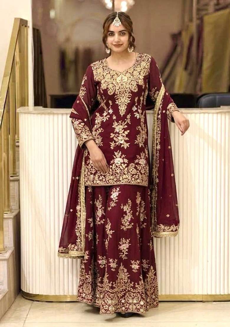 Maroon Embroidery Georgette Palazzo Set - Indya