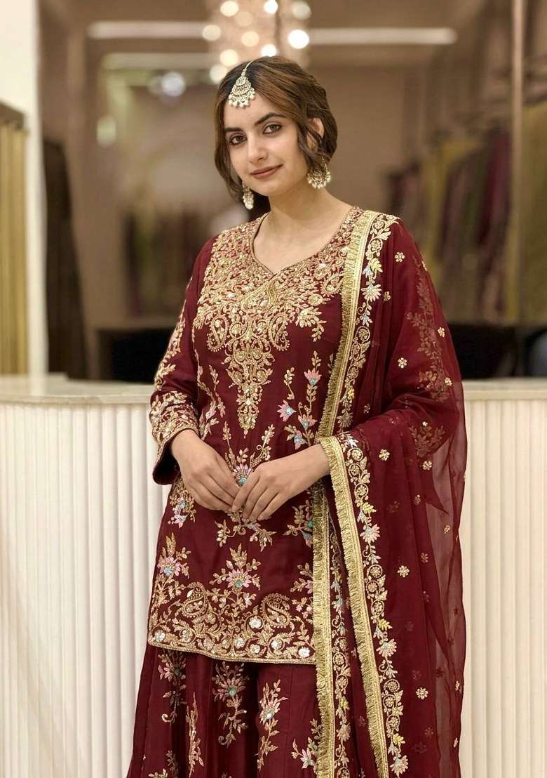 Maroon Embroidery Georgette Palazzo Set - Indya