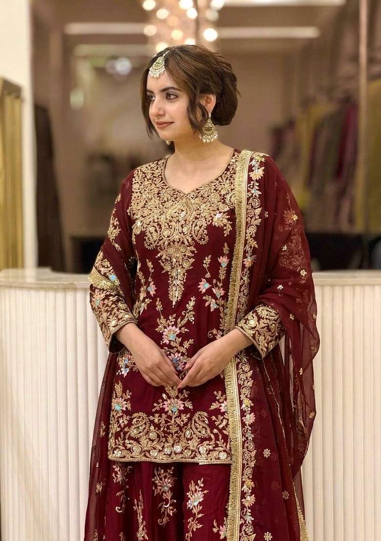 Maroon Embroidery Georgette Palazzo Set - Indya