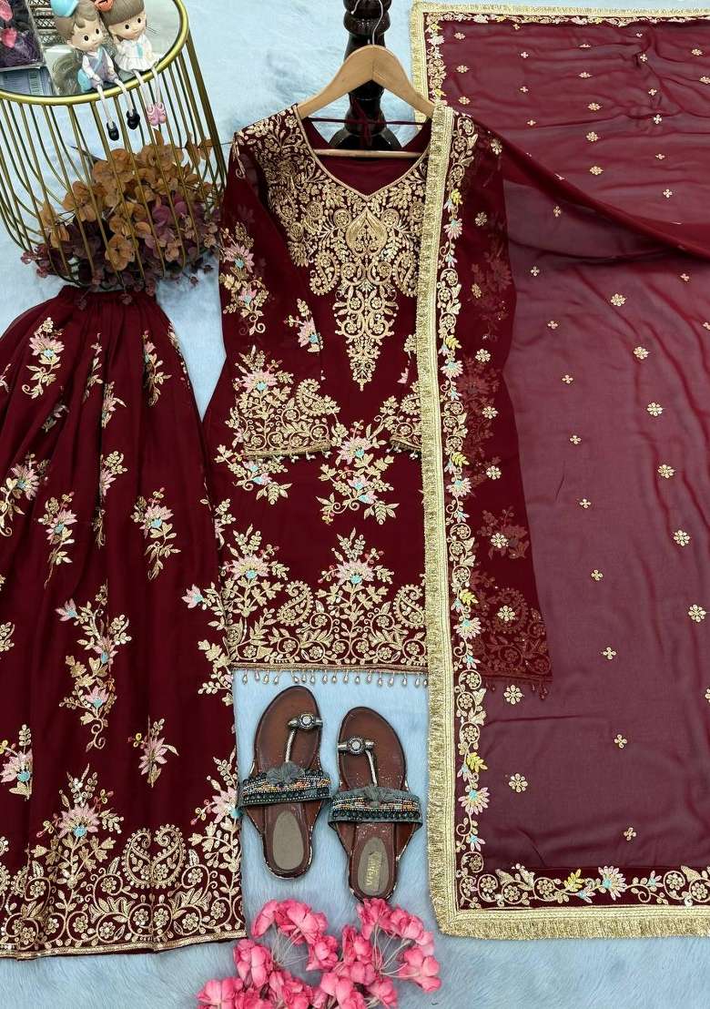 Maroon Embroidery Georgette Palazzo Set - Indya