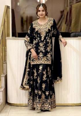 Jet Black Embroidery Georgette Palazzo Set