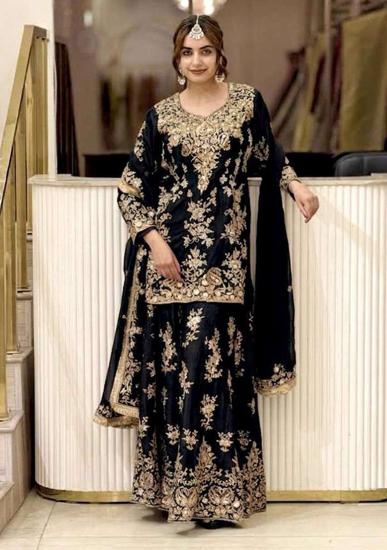 Jet Black Embroidery Georgette Palazzo Set - Indya