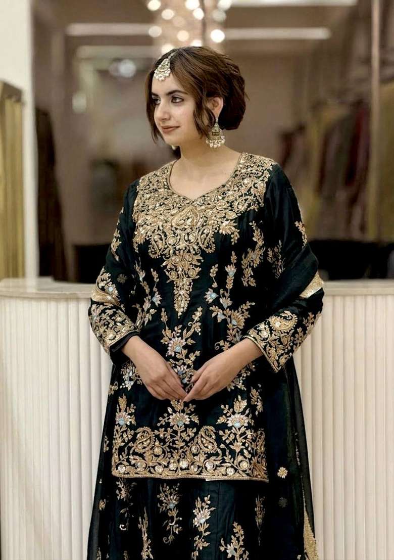 Jet Black Embroidery Georgette Palazzo Set - Indya