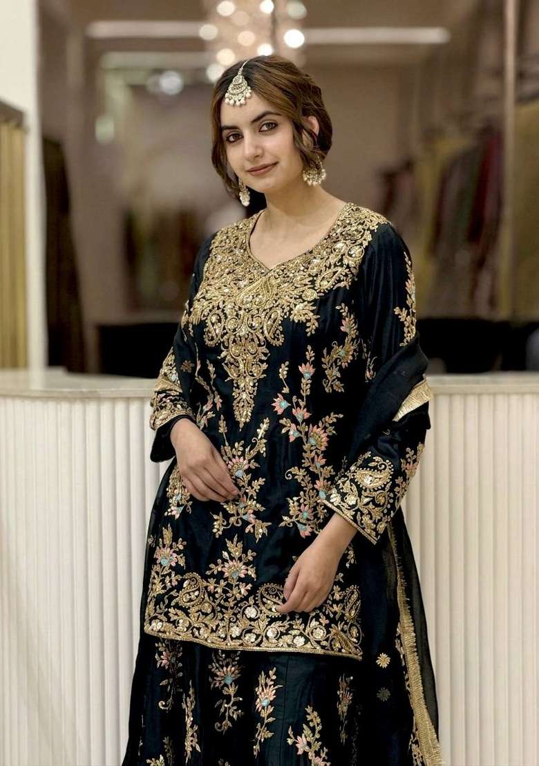 Jet Black Embroidery Georgette Palazzo Set - Indya