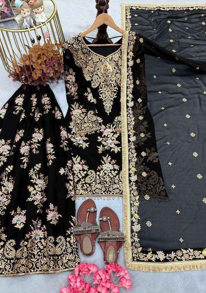 Jet Black Embroidery Georgette Palazzo Set - Indya
