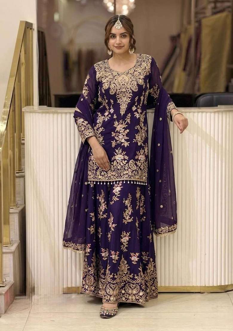 Royal Blue Embroidery Georgette Palazzo Set - Indya