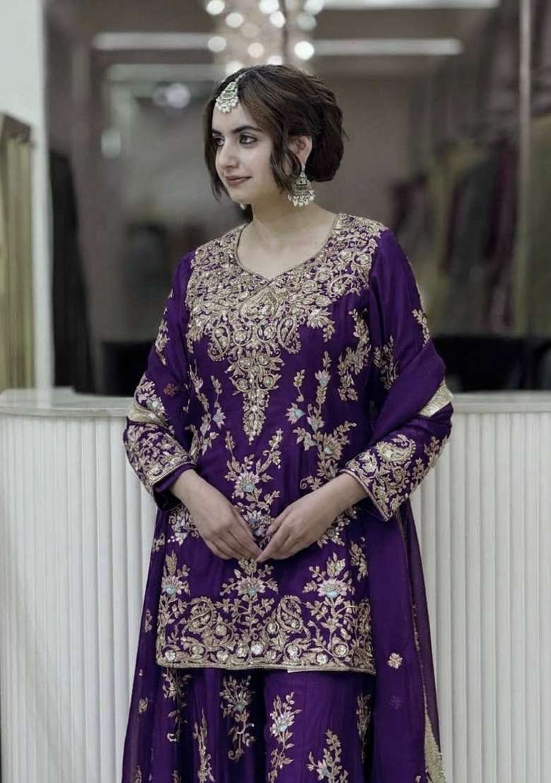 Royal Blue Embroidery Georgette Palazzo Set - Indya