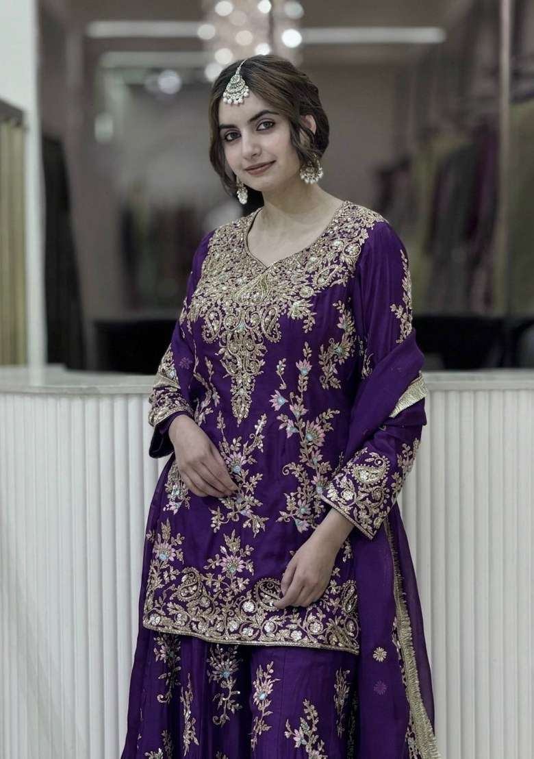 Royal Blue Embroidery Georgette Palazzo Set - Indya