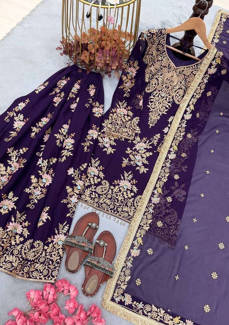 Royal Blue Embroidery Georgette Palazzo Set - Indya