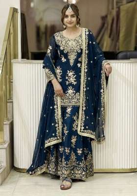Navy Blue Embroidery Georgette Palazzo Set