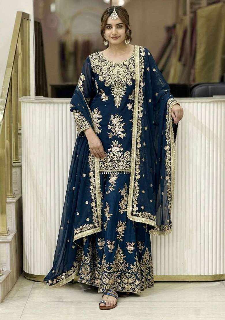 Navy Blue Embroidery Georgette Palazzo Set - Indya