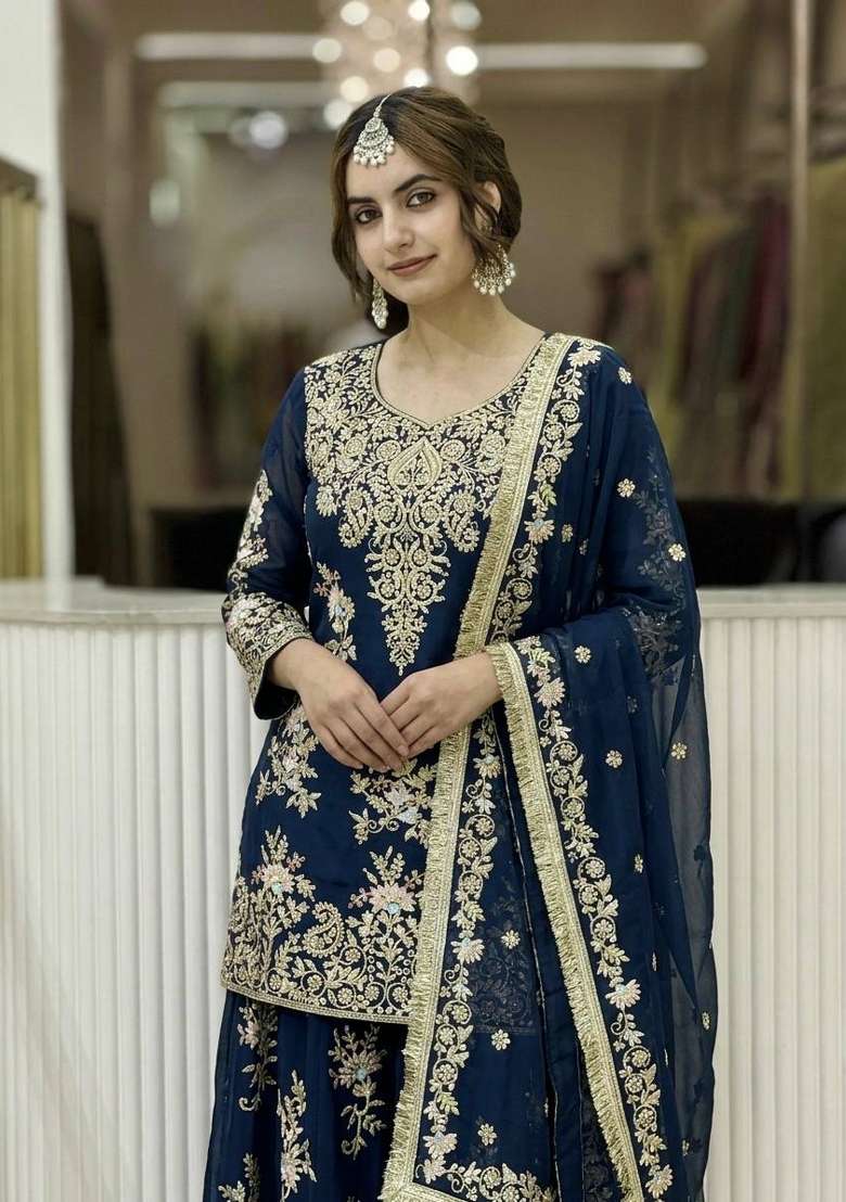 Navy Blue Embroidery Georgette Palazzo Set - Indya