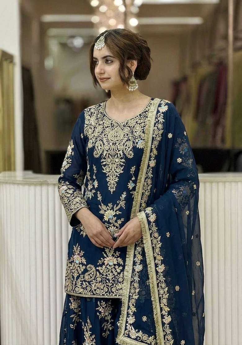 Navy Blue Embroidery Georgette Palazzo Set - Indya
