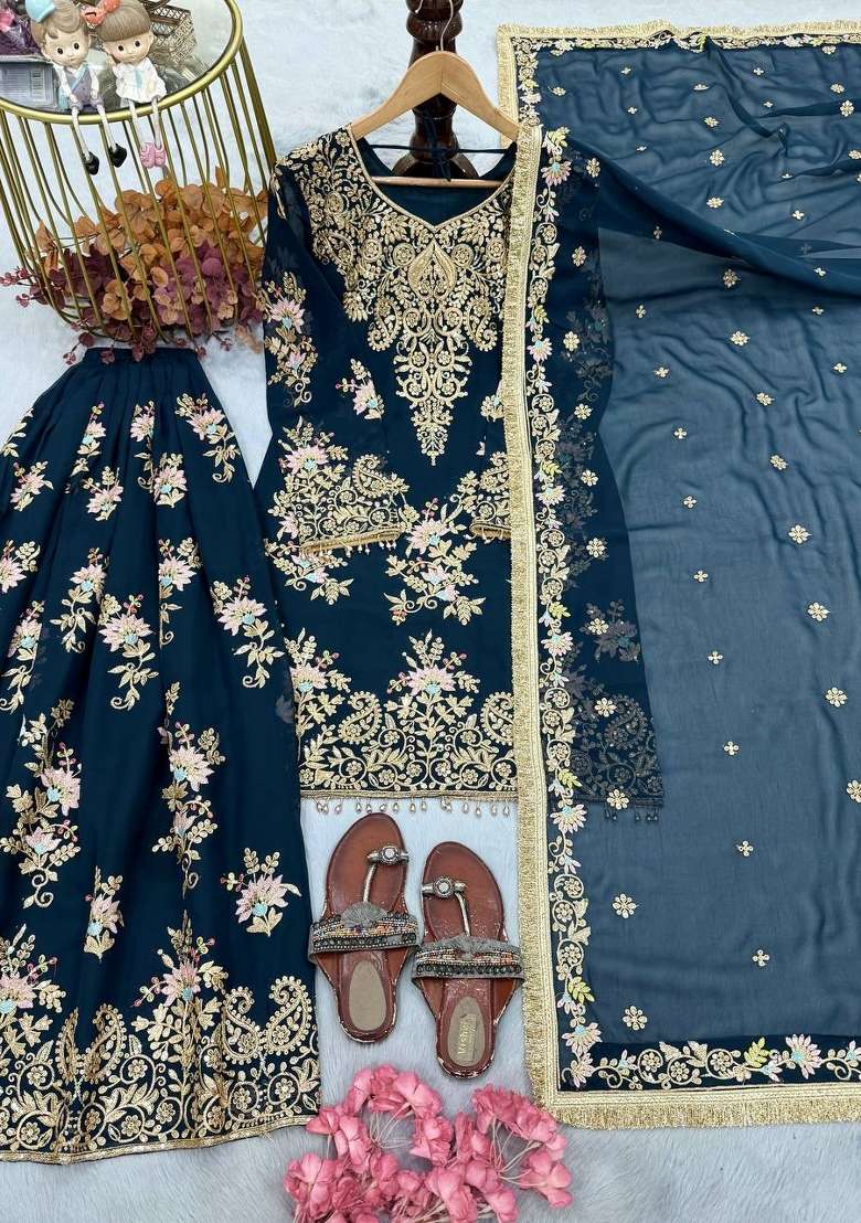 Navy Blue Embroidery Georgette Palazzo Set - Indya