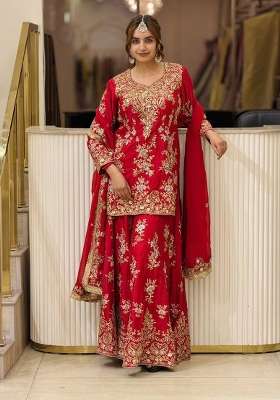Crimson Red Embroidery Georgette Palazzo Set