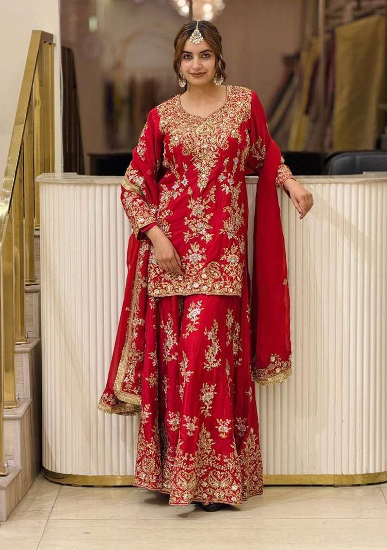 Crimson Red Embroidery Georgette Palazzo Set - Indya