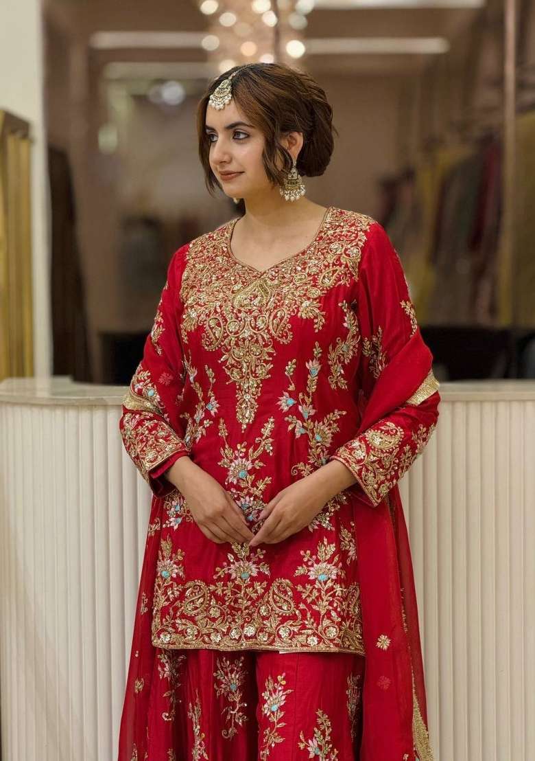 Crimson Red Embroidery Georgette Palazzo Set - Indya