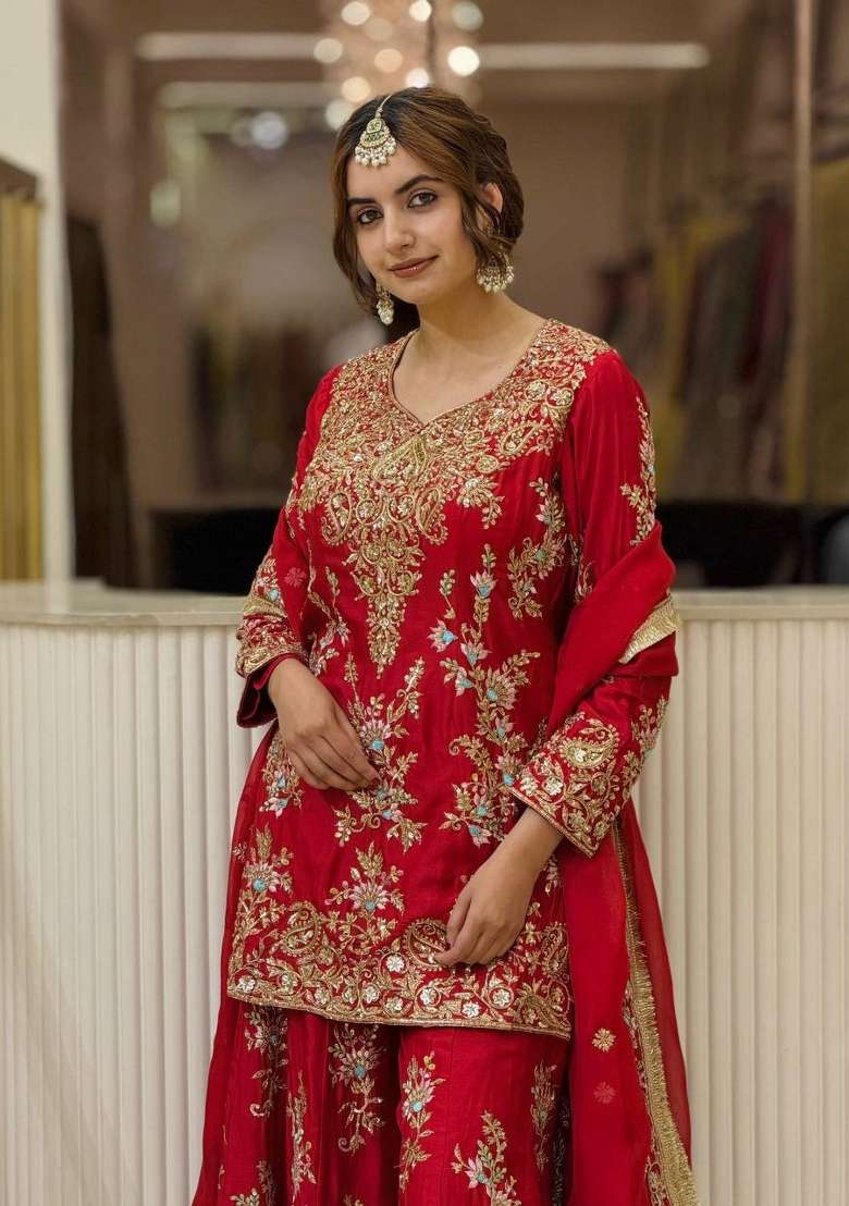Crimson Red Embroidery Georgette Palazzo Set - Indya