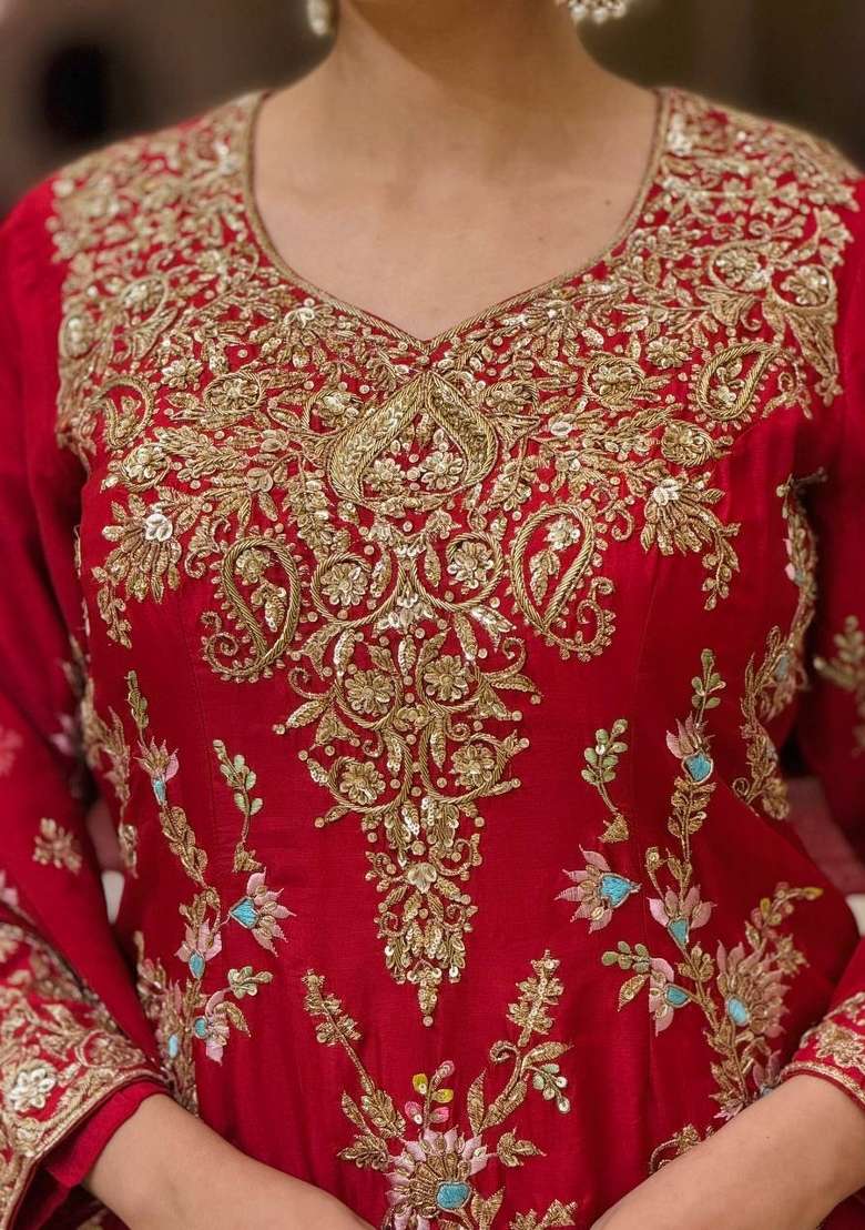 Crimson Red Embroidery Georgette Palazzo Set - Indya