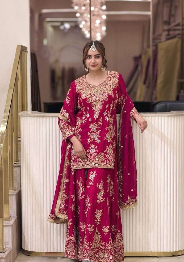 Rani Pink Embroidery Georgette Palazzo Set - Indya
