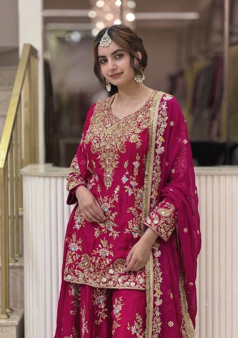 Rani Pink Embroidery Georgette Palazzo Set - Indya