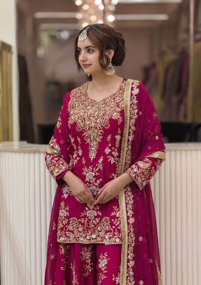 Rani Pink Embroidery Georgette Palazzo Set - Indya