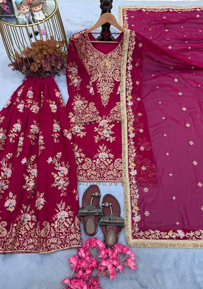 Rani Pink Embroidery Georgette Palazzo Set - Indya