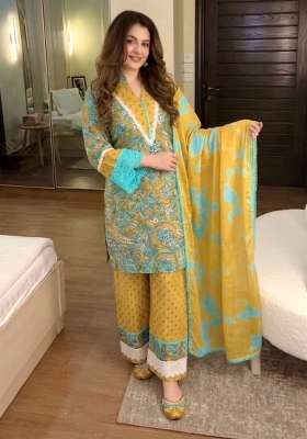 Turquoise Blue And Mstard Yellow Embroidery Cotton Palazzo Set