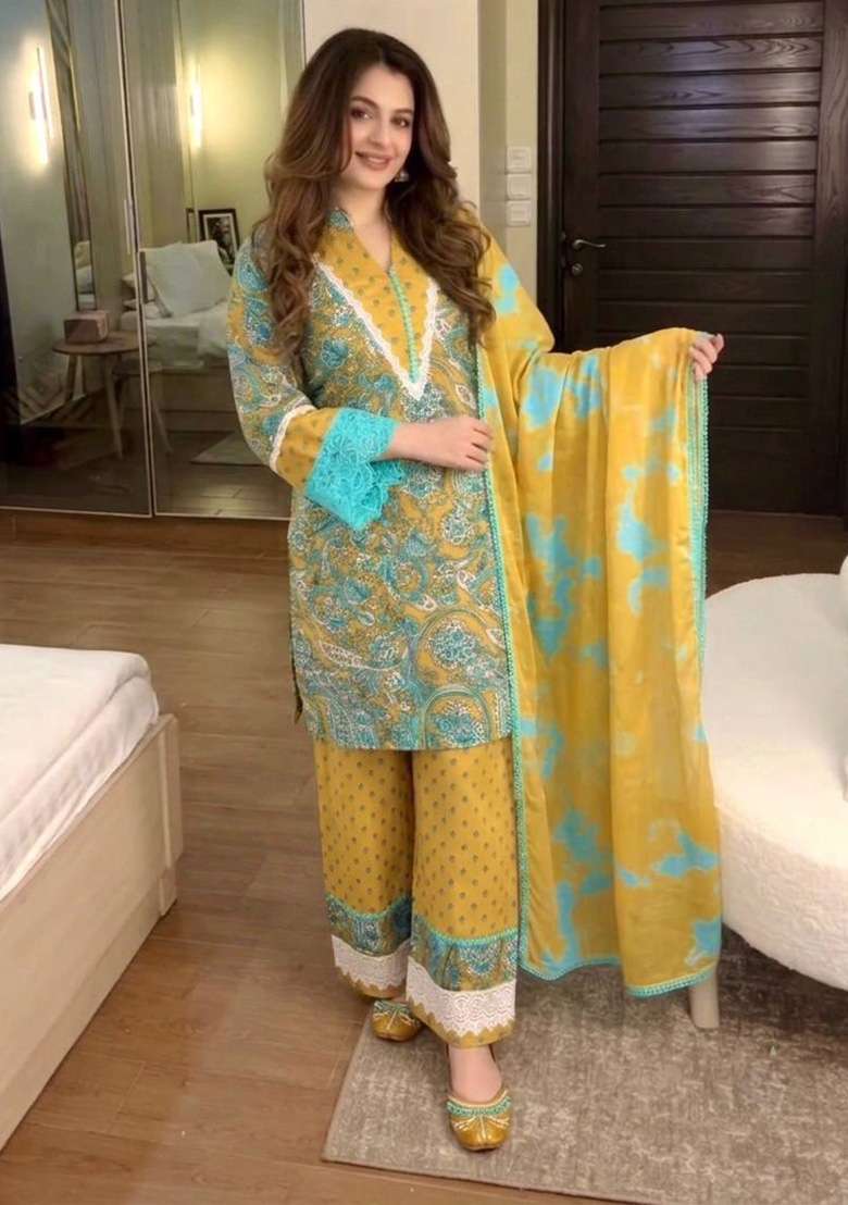 Turquoise Blue And Mstard Yellow Embroidery Cotton Palazzo Set - Indya