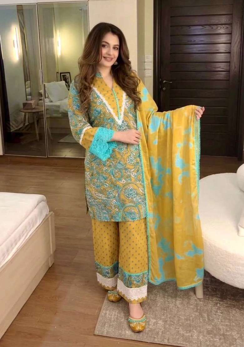 Turquoise Blue And Mstard Yellow Embroidery Cotton Palazzo Set - Indya