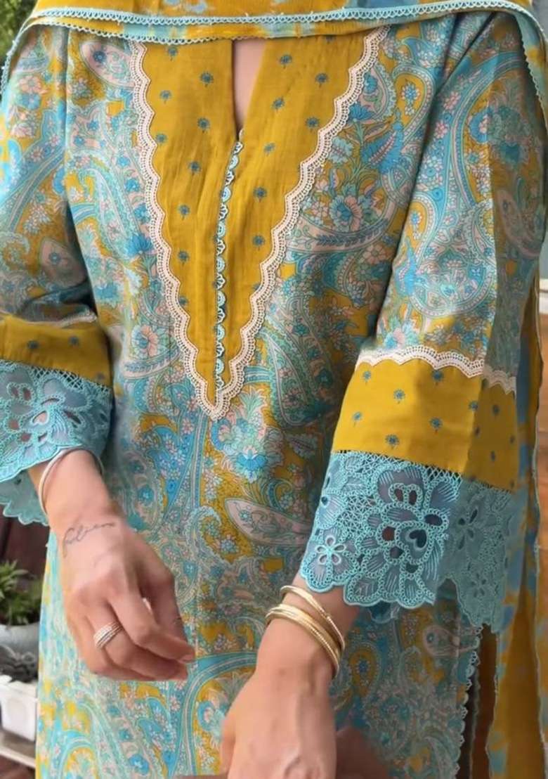 Turquoise Blue And Mstard Yellow Embroidery Cotton Palazzo Set - Indya
