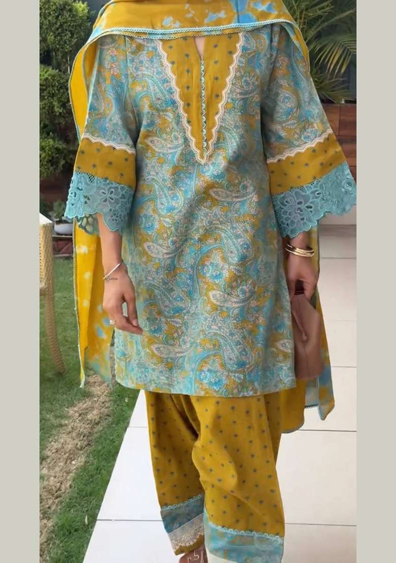 Turquoise Blue And Mstard Yellow Embroidery Cotton Palazzo Set - Indya
