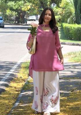 Dusty Pink And White Embroidery Silk Palazzo Set