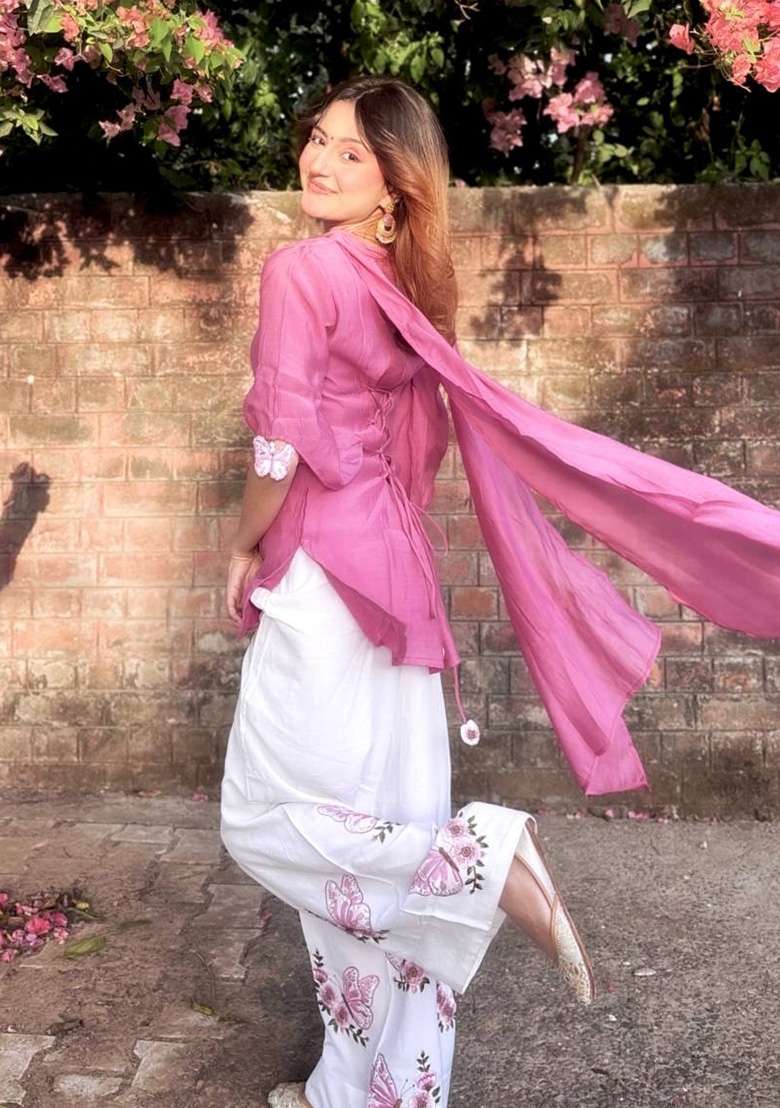 Dusty Pink And White Embroidery Silk Palazzo Set - Indya