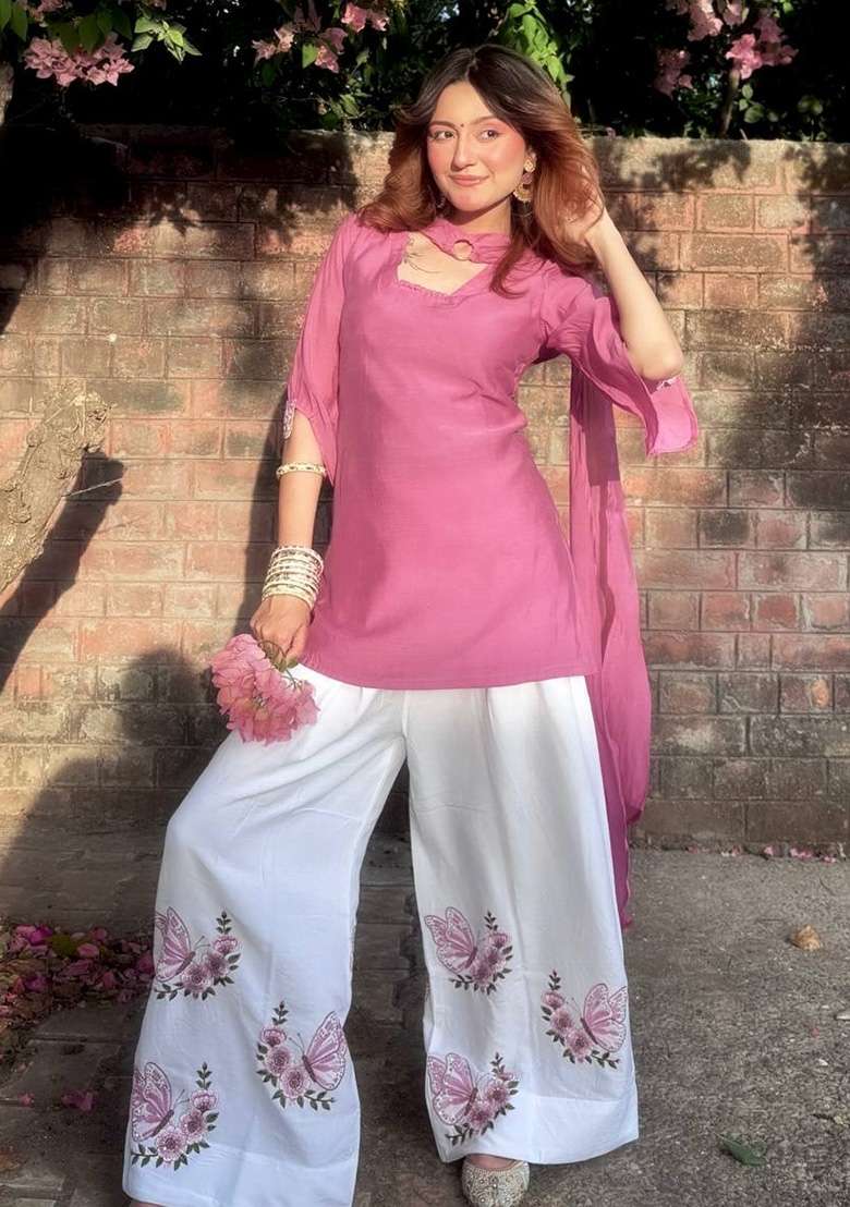 Dusty Pink And White Embroidery Silk Palazzo Set - Indya