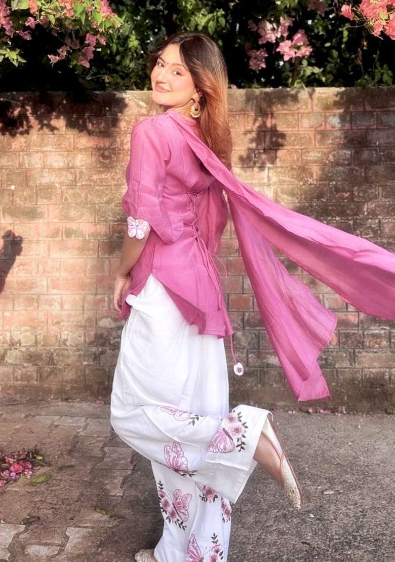 Dusty Pink And White Embroidery Silk Palazzo Set - Indya