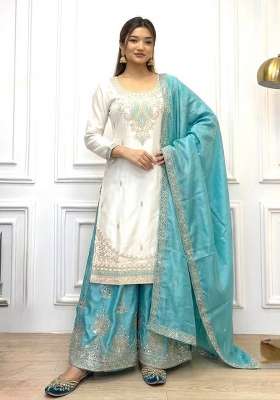 Teal Blue Embroidery Silk Palazzo Set