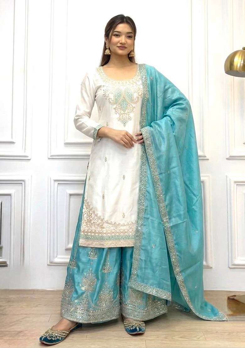 Teal Blue Embroidery Silk Palazzo Set - Indya
