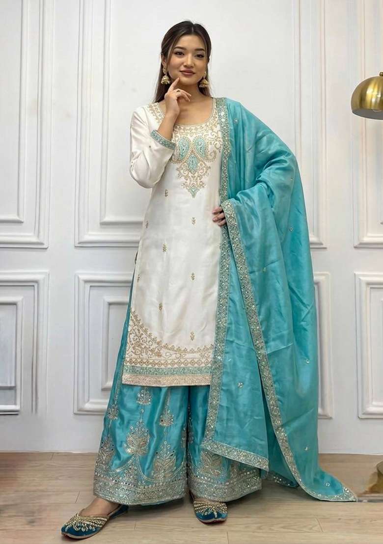 Teal Blue Embroidery Silk Palazzo Set - Indya